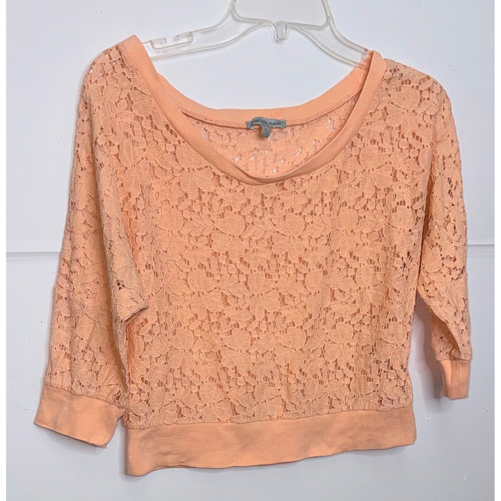 Charlotte Russe Floral Lace Top  M Peach 3/4 Sleeve Scoop Neck Cropped Soft Girl